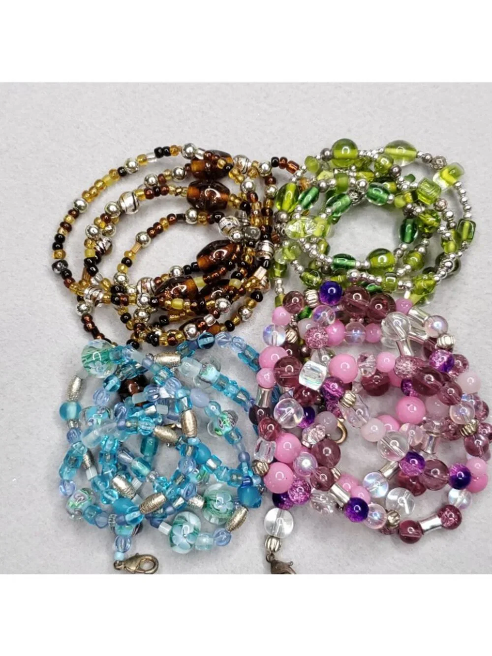 Beaded Lanyard Necklace Badge ID Holder Pink Blue Green Brown Glass Lot Of 4